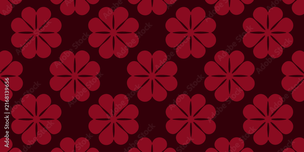 Fototapeta premium Dark Red Seamless Floral Pattern with Heart Shaped Petals in a Symmetrical Grid Layout for Elegant Textile and Wallpaper Design