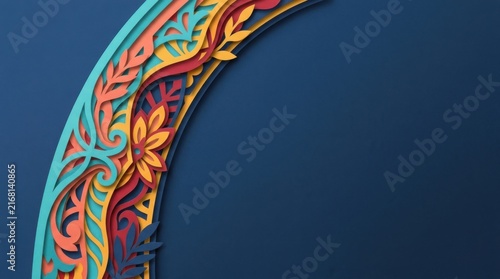 Decorative Curved Folk Ornament on Navy Blue Background