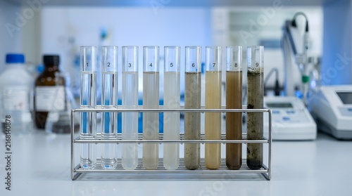 Row of numbered test tubes showing water quality gradient in a lab