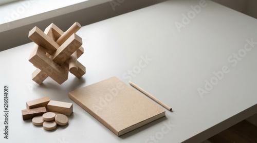 Wooden Educational Puzzle Blocks Beside Blank Notebook on Desk