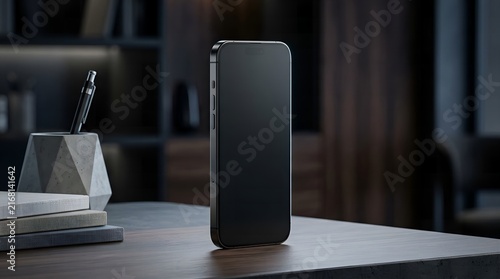 Premium Smartphone Standing Upright on Modern Desk with Cinematic Lighting