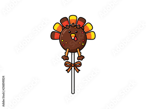 Cute cartoon turkey cake pop with colorful candy corn feathers and a decorative brown bow on a stick, isolated on a white background