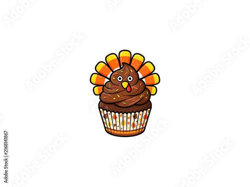 Cartoon chocolate cupcake decorated like a turkey with candy corn feathers and sprinkle eyes, isolated on a white background
