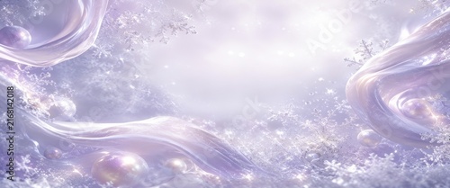 銀色のリボンと雪の結晶が囲む明るい横長クリスマス背景