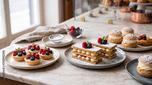 Breakfast Table Spread with Fresh Waffles Berries Coffee and Syrups