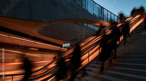 Subway station commuters in motion blur with warm orange lighting