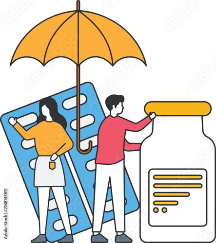 Foto Health insurance concept couple under umbrella with medical shield family protec