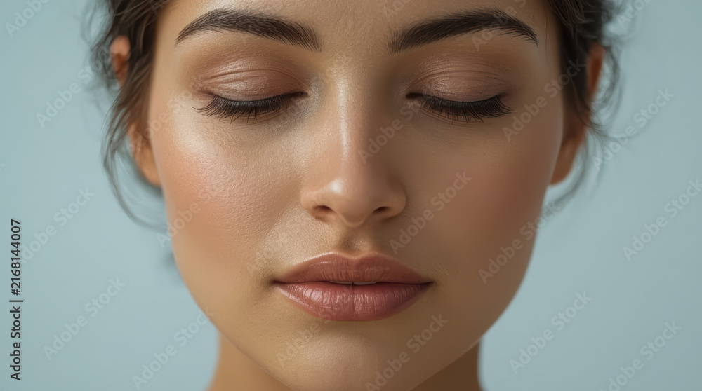 Fototapeta premium Calm meditating face with closed eyes and natural beauty in soft light