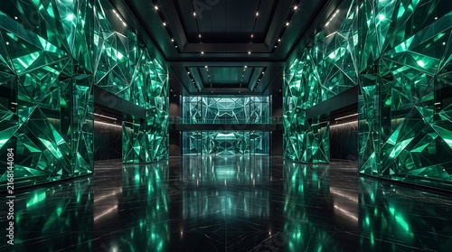 Futuristic Sci Fi Server Room Corridor with Glowing Emerald Green Neon Lights