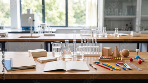 Modern Science Laboratory Desk Workspace with Glass Beakers and Microscopes