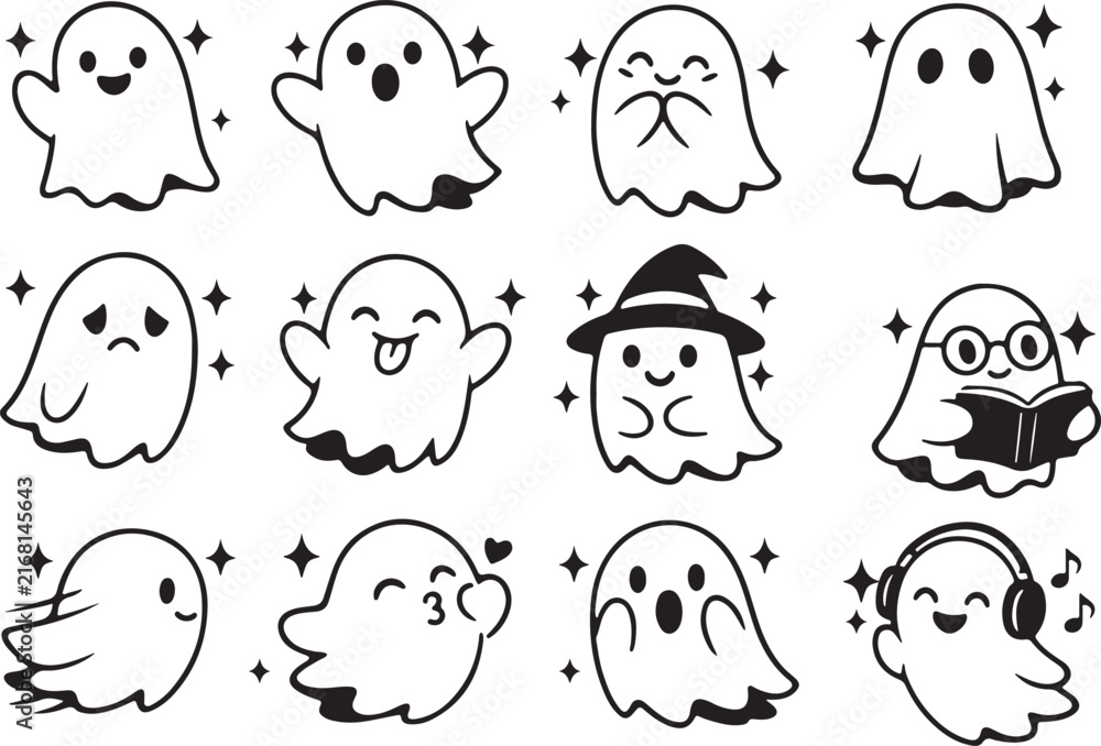 Fototapeta premium Cute ghost character icon set with funny Halloween ghosts, magical costumes and spooky cartoon vector clipart designs.