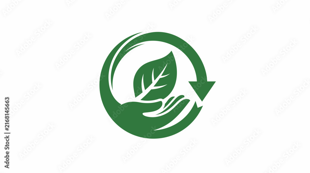 Fototapeta premium Green recycling logo with hand and leaf, circular eco-friendly symbol for sustainability, environmental conservation vector icon for organic branding