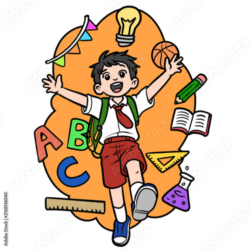 Cute cartoon happy school boy jumping with educational elements illustration isolated on transparent background