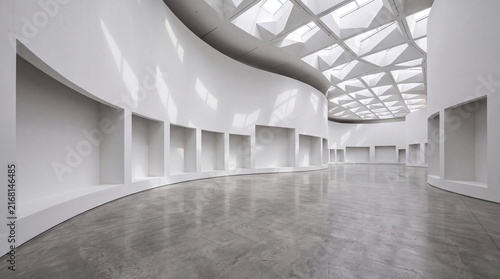 Spacious Contemporary White Art Gallery Interior with Sculptural Skylight Ceiling