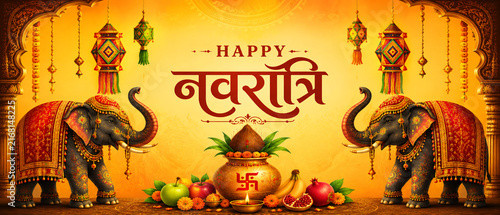 Colorful indian festive concept, welcome elephant. Diwali dhanteras worship with lights background