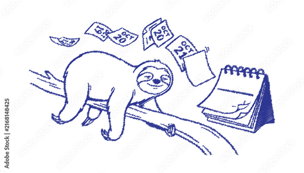 Naklejka premium Sloth Hanging on Branch With Falling Calendar Pages