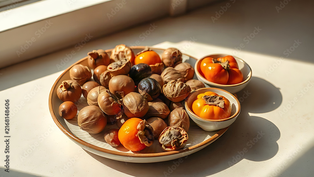 Fototapeta premium Ceramic plate of songpyeon with chestnuts, jujubes, persimmons, harvest season still life
