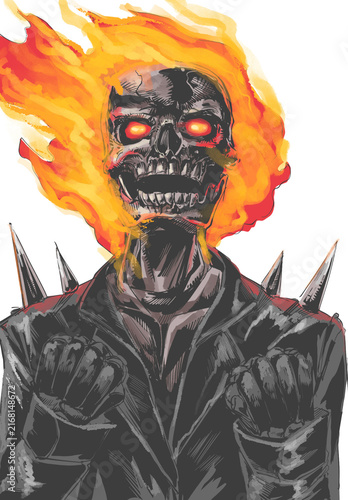 Konstfotografi Dark fantasy zombie warrior with glowing red eyes, exposed skull, fiery hair, spiked armor, and clenched fists, illustrated in a dramatic hand-drawn comic style