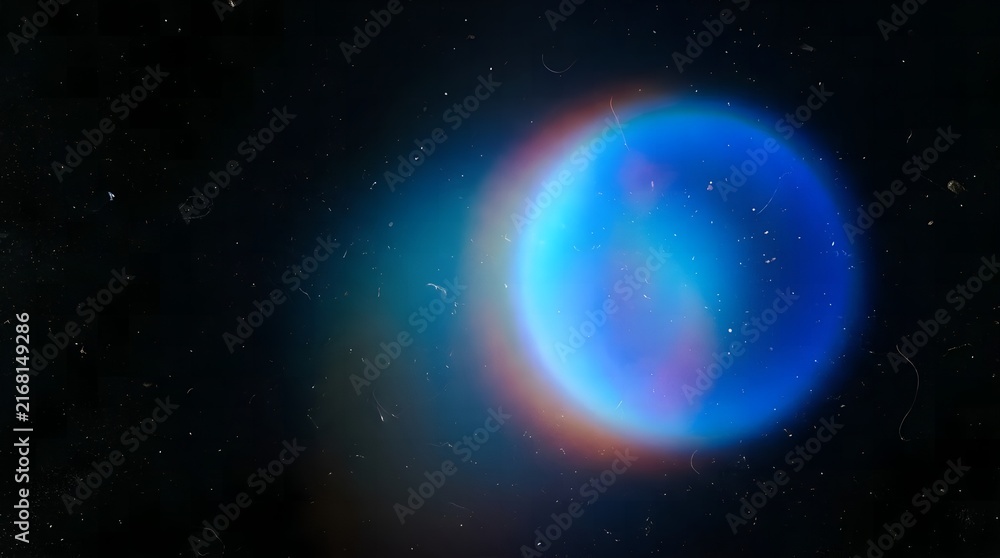 Fototapeta premium Blue circular flare light leak with grain and dust on black background