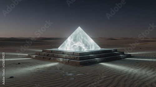 A glowing crystal pyramid sits on a stone platform in the middle of a vast, dark desert under a starry night sky.