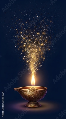 Golden diya lamp with sparkling light and festive decoration digital illustration on dark background