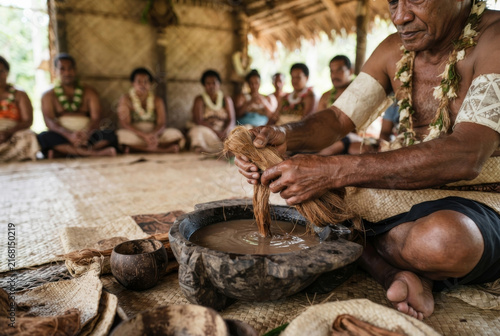 Fijian kava preparation ceremony, indigenous cultural ritual in a village, tribal community gathering.