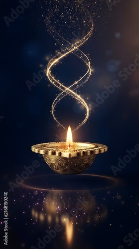 Golden diya lamp with sparkling light trails against a dark blue background festive illumination
