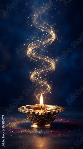 Golden diya lamp with swirling light trail and sparkles a festive digital illustration