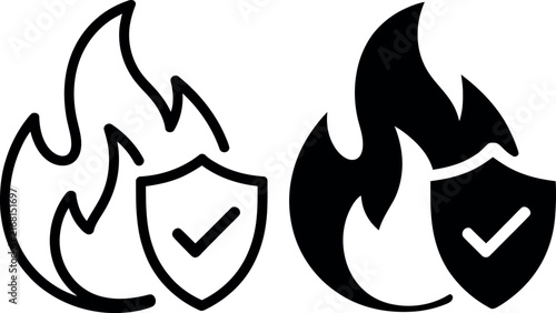 Foto Fire and shield icon with checkmark symbol indicating protection or safety