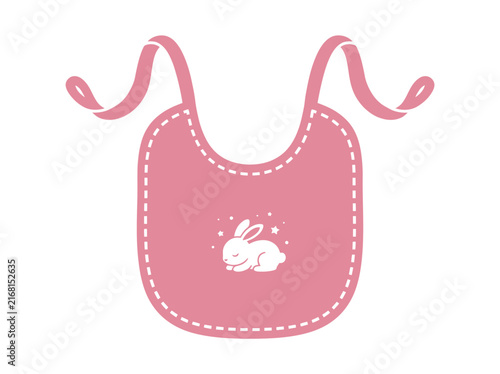 Cute pink baby bib with a sleeping rabbit illustration for infants.