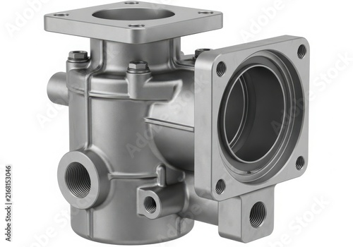 Industrial metal valve assembly with flange isolated on white background