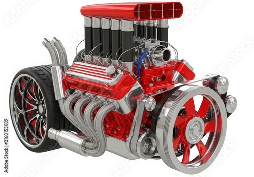 Vintage style model car with exposed engine isolated on white background