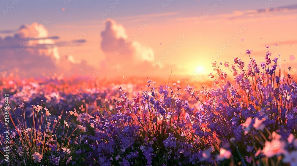 Fototapeta premium Beautiful Lavender Flower Field Stretching Over The Scenic Vast Landscape At The Setting Sun Glow.