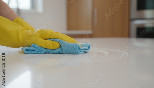 Person wearing yellow rubber cleaning gloves wiping a pristine white kitchen countertop with a damp microfiber cloth surface
