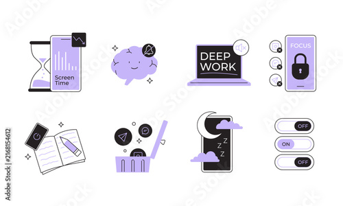Vector set of digital detox and mental health icons. Includes screen time controls, deep work mode, notification-off features, and social media break concepts. Modern line art illustration.