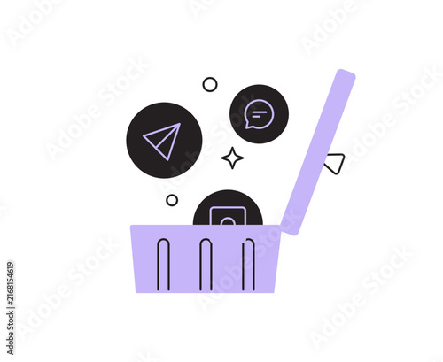 Vector illustration of social media app icons being thrown into a trash bin. Concept for deleting social apps, digital decluttering, a social media break, and internet addiction. Modern line art icon.