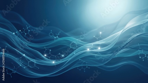 Abstract scientific background with glowing molecular structures and chemical bonds flowing over blue waves