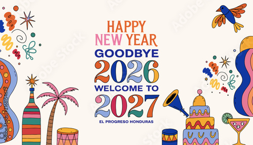 Happy New Year 2027 celebration background with tropical elements