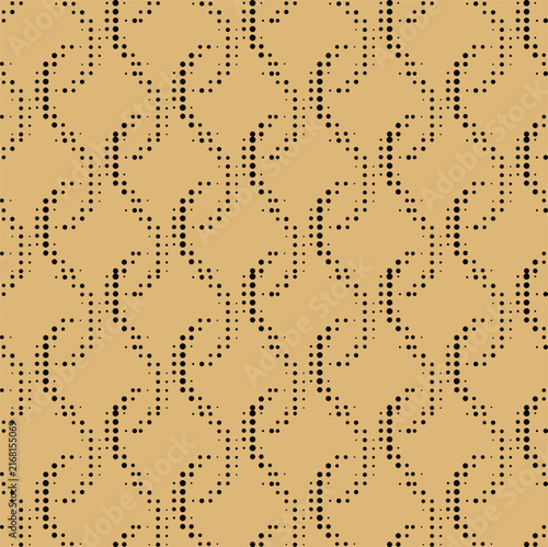 Elegant geometric seamless pattern with black halftone wavy lines on beige background.