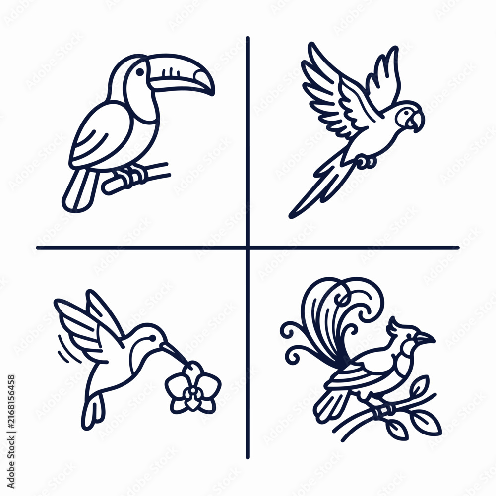 Naklejka premium Colorful exotic birds illustration set with four unique species