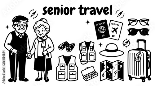 senior travel essentials featuring elderly travelers luggage cameras passports walking shoes maps sunglasses travel bags and comfortable clothing retirement vacations tourism family journeys