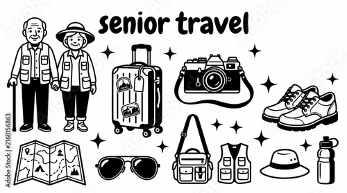 senior travel essentials featuring elderly travelers luggage cameras passports walking shoes maps sunglasses travel bags and comfortable clothing retirement vacations tourism family journeys