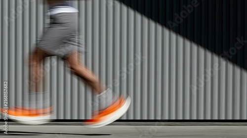 Blurry motion of a person running against a ribbed wall, with bright orange shoes