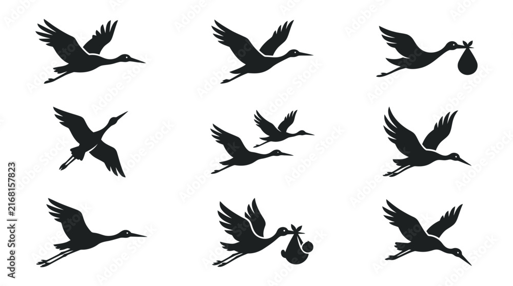 Fototapeta premium Stork silhouettes with baby delivery flight poses.