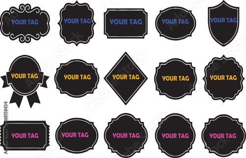 Elegant black ornate tag collection with customizable text vector set