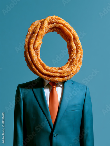A mannequin in a bluish-green suit, with cinnamon-flavored churros as its head