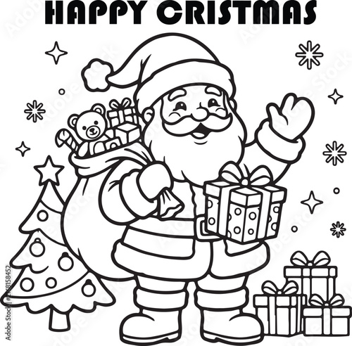 Cheerful Santa Claus holding gifts and waving in Christmas scene