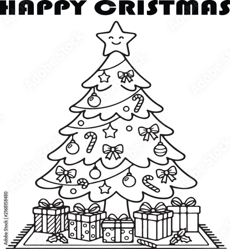 Hand-drawn Christmas tree with gifts and holiday decorations