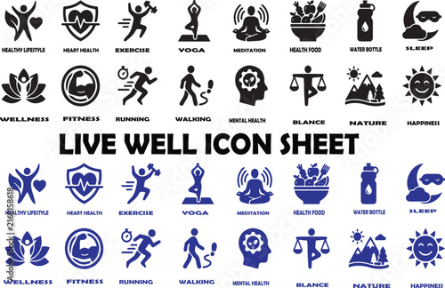 Comprehensive live well icon set with diverse lifestyle symbols