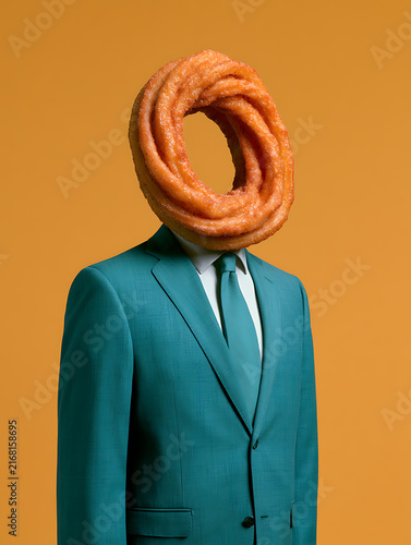 A mannequin in a bluish-green suit, with cinnamon-flavored churros as its head, empty space